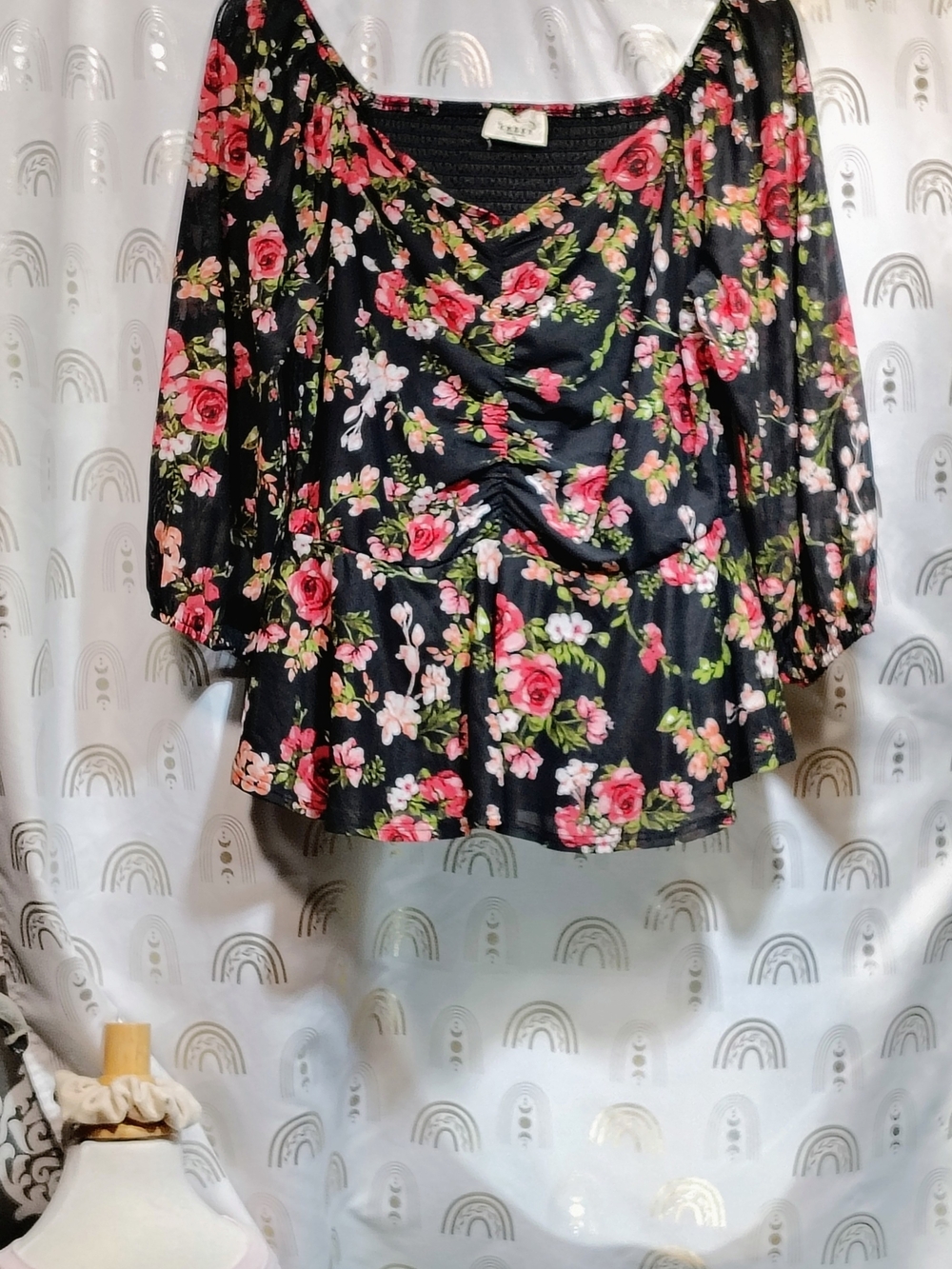 Black Floral Ruched Peplum Blouse - Unknown Brand
